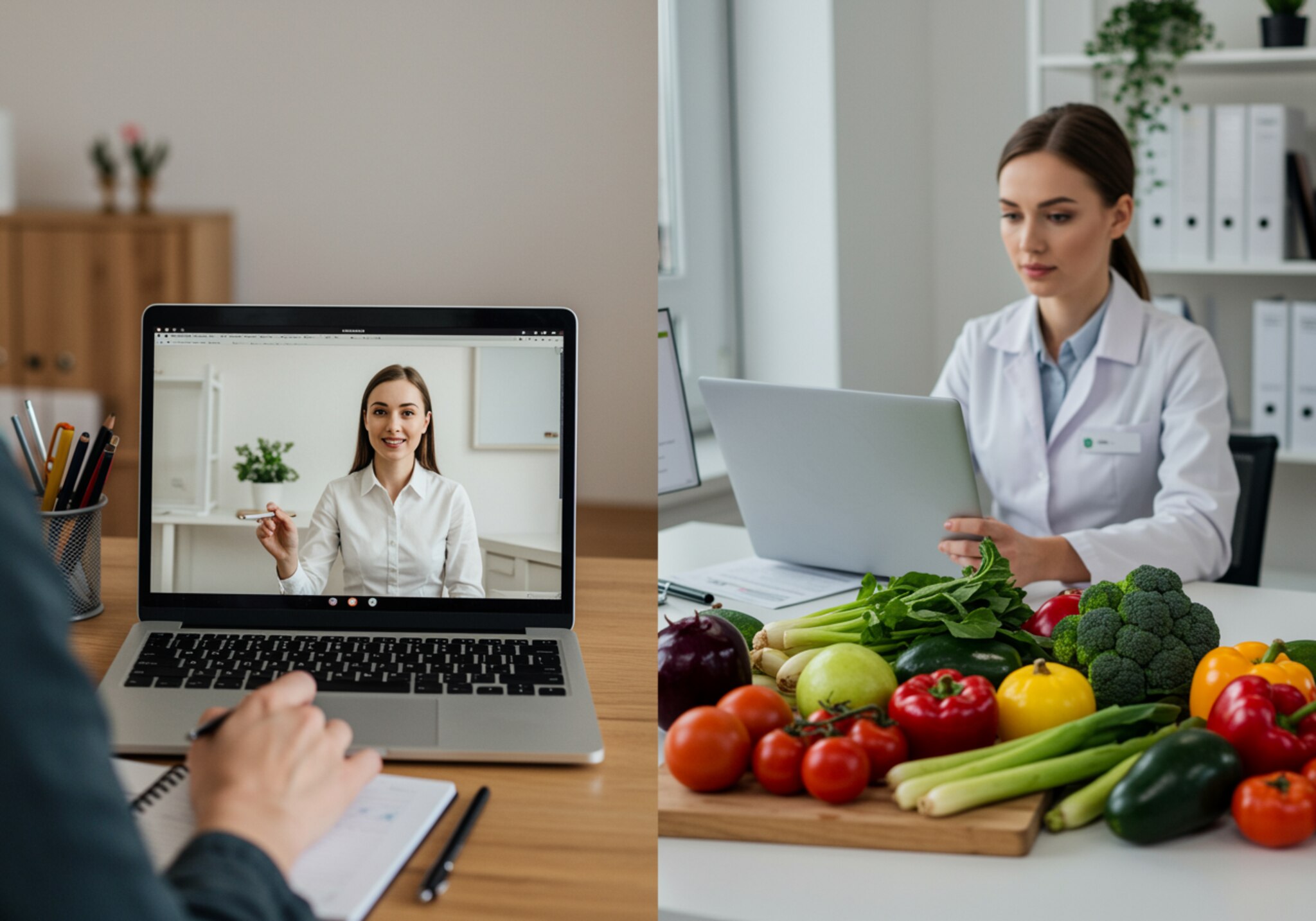 "Consulta de nutrición en línea y presencial con productos frescos en un entorno moderno y organizado."