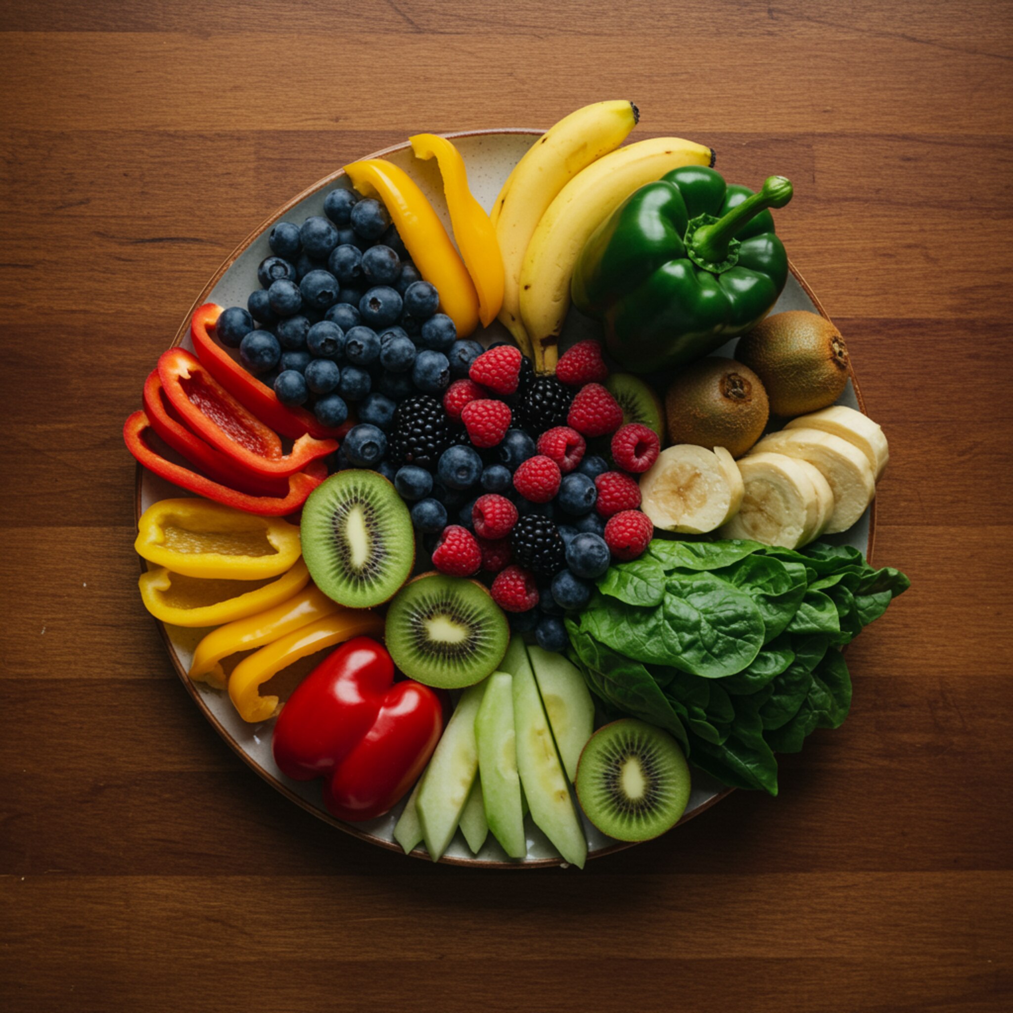 "Plato atractivo con una variedad de frutas y verduras coloridas como bayas, kiwi, pimientos y hojas verdes, presentado sobre una mesa de madera en un estilo fresco y vibrante."