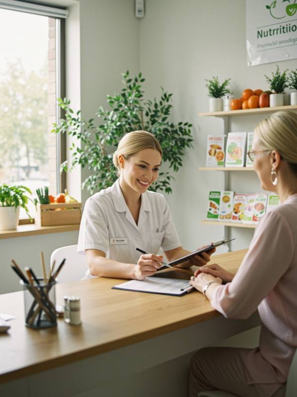 "Recepción de clínica de nutrición con nutricionista sonriente revisando un plan de comidas personalizado, en un ambiente moderno y acogedor, ideal para consultas sobre estilo de vida saludable."