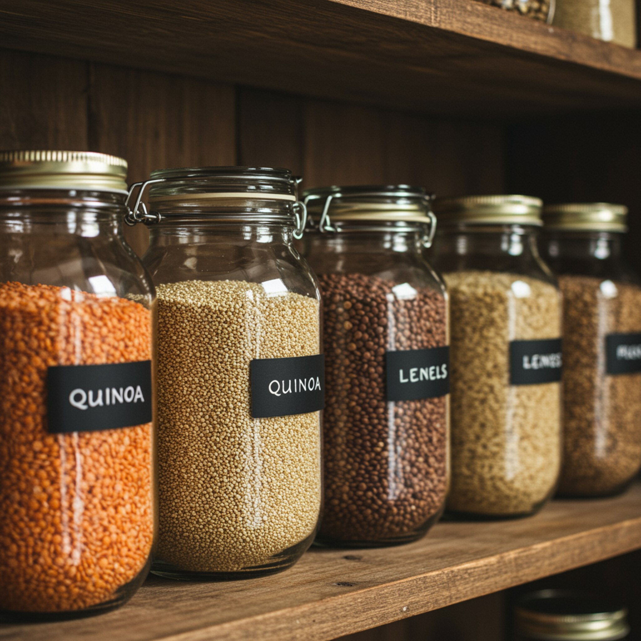 "Primer plano de frascos de vidrio con granos y legumbres en estante rústico, resaltando ingredientes saludables como quinoa, lentejas y arroz integral."