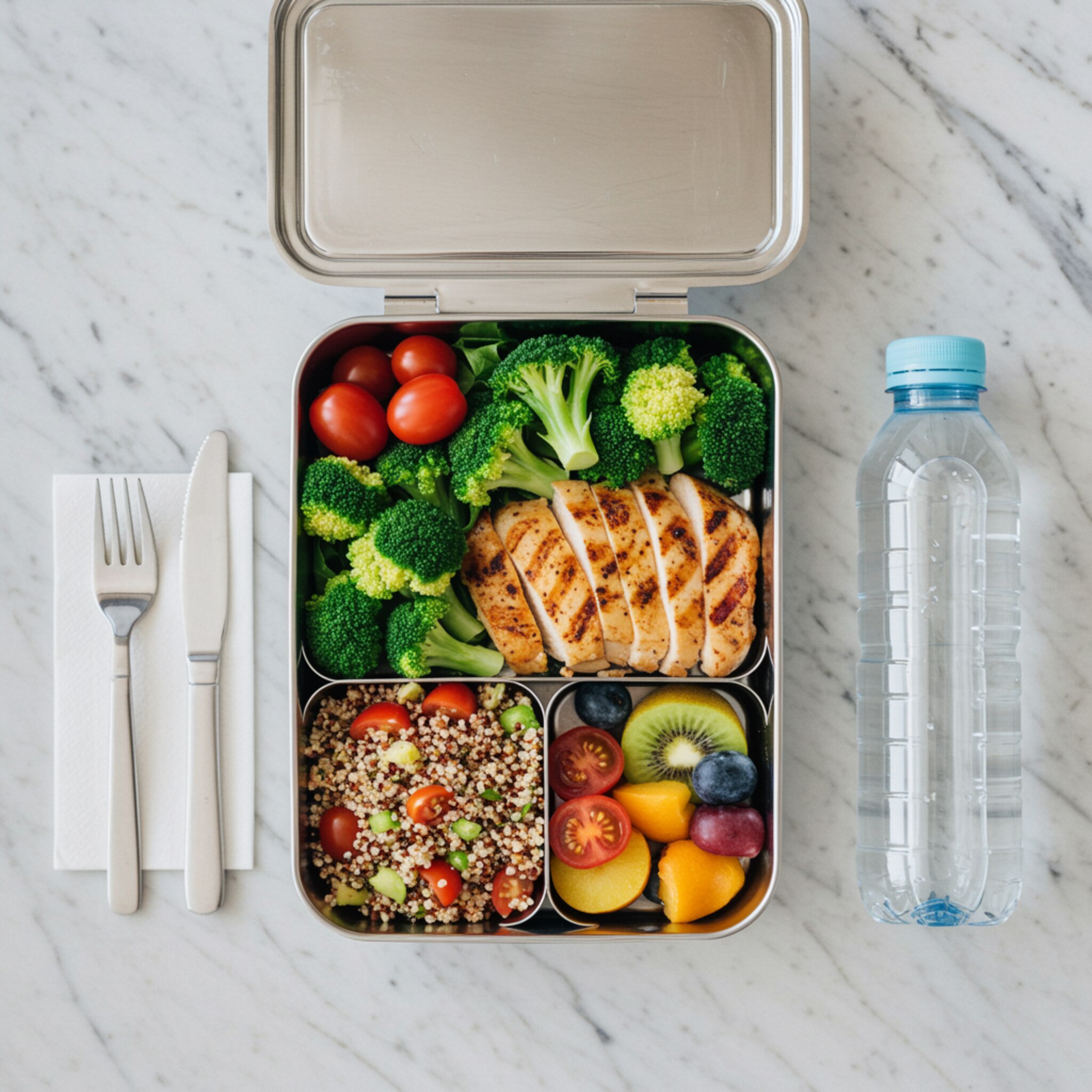"Almuerzo saludable y equilibrado en caja con pollo a la parrilla, brócoli al vapor, ensalada de quinoa y frutas, sobre una encimera de mármol blanco."