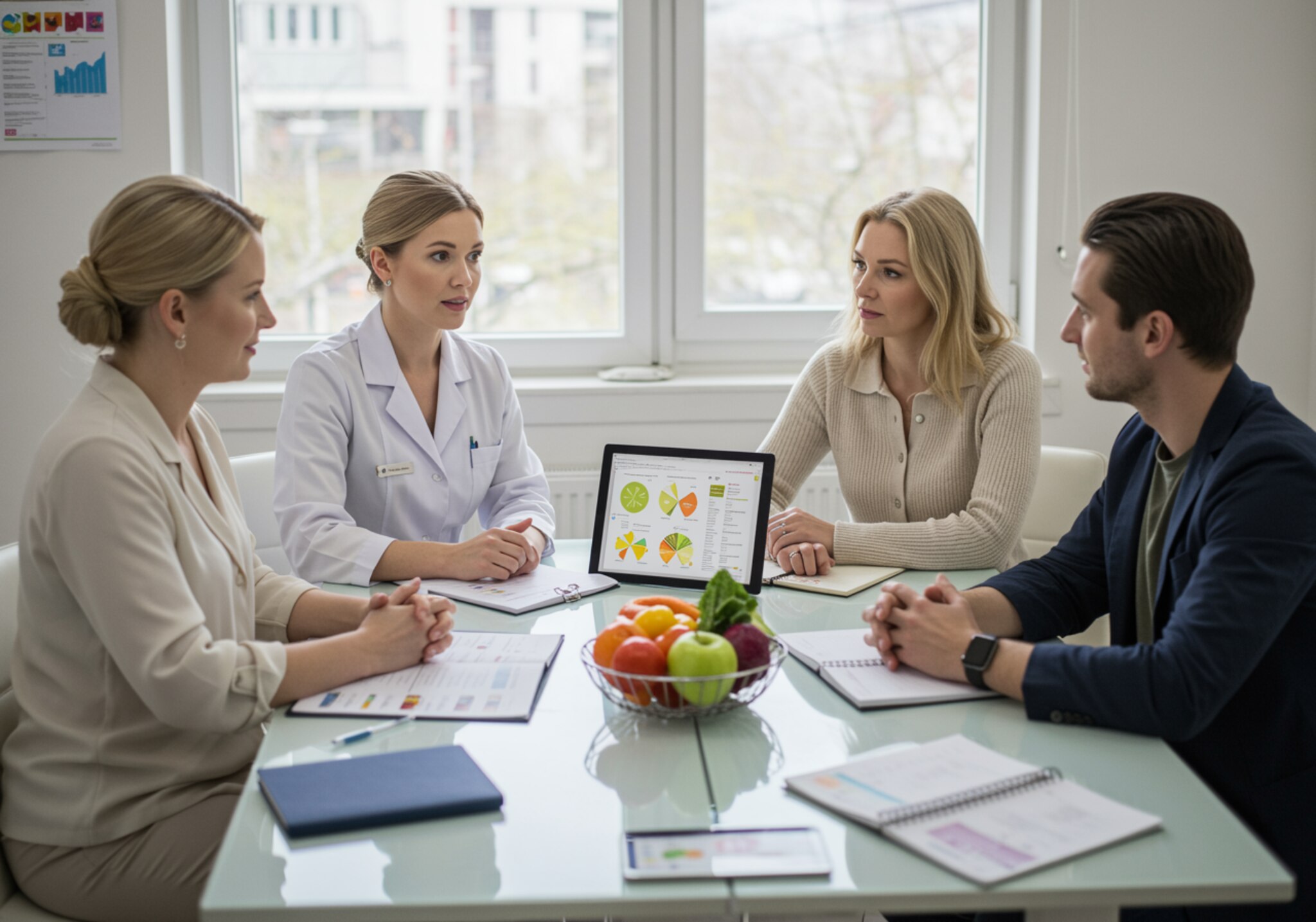 "Consulta nutricional moderna con nutricionista y clientes en ambiente profesional y cálido, ideal para servicios de planes de alimentación personalizados y talleres educativos."