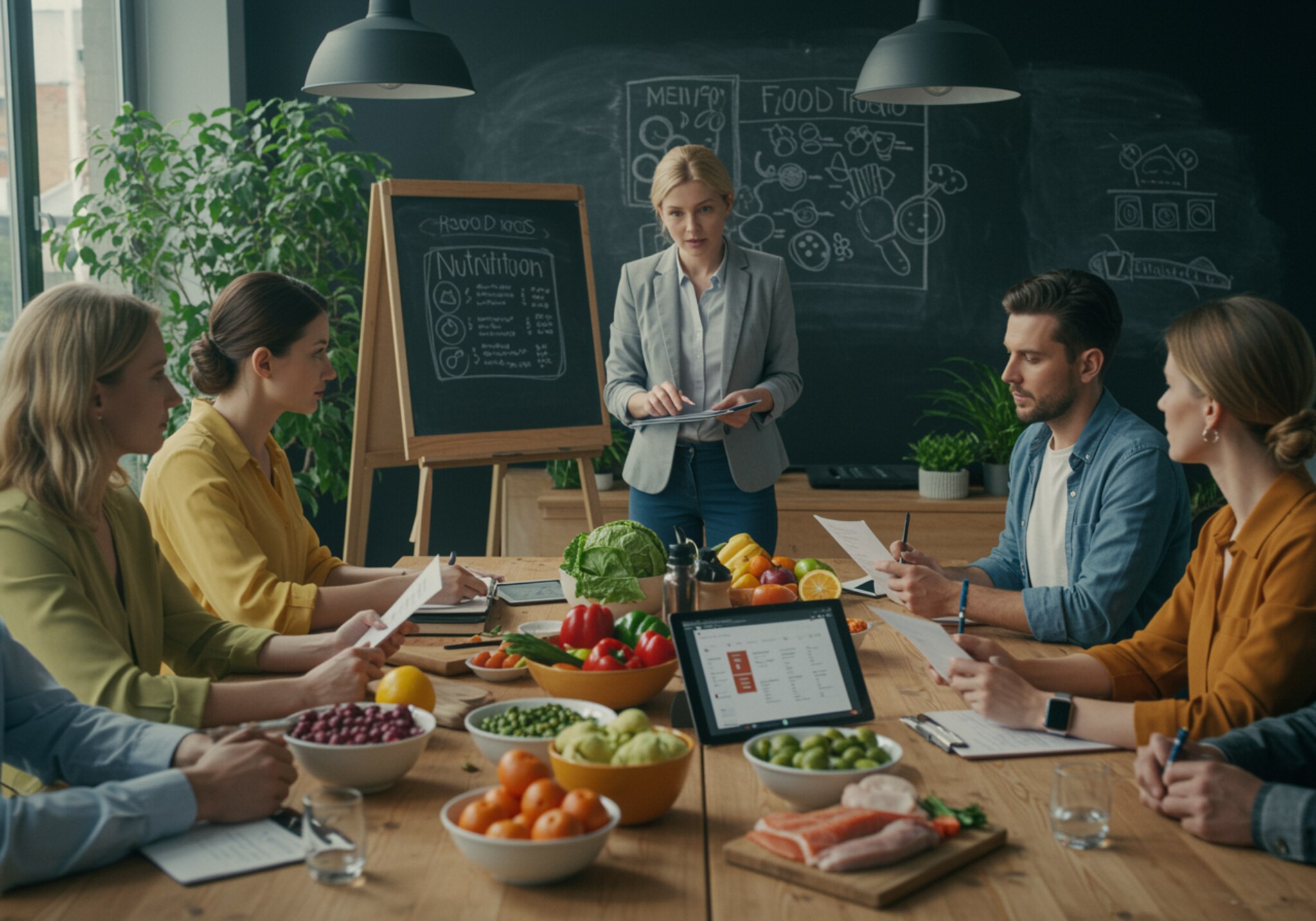 "Ilustración de una nutricionista blanca liderando un taller corporativo sobre planificación de comidas saludables, rodeada de profesionales revisando menús coloridos en un ambiente moderno y luminoso."