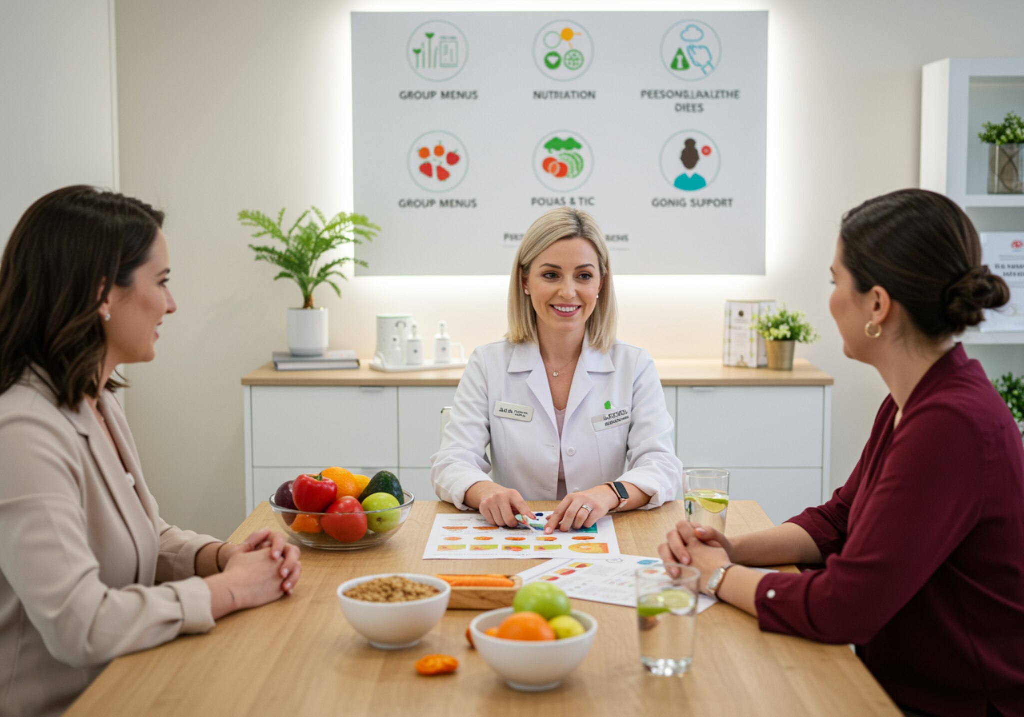 "Consulta nutricional moderna con dietista sonriente y clientes, destacando planes de comidas personalizadas y alimentos frescos en un ambiente profesional."
